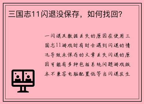 三国志11闪退没保存，如何找回？